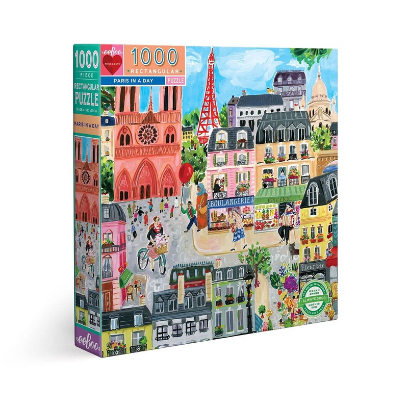 eeBoo: Piece and Love Paris in a Day 1000 Piece Rectangular Adult Jigsaw Puzzle, Puzzle for Adults and Families, Glossy, Sturdy Pieces and Minimal Puzzle Dust - Image 1